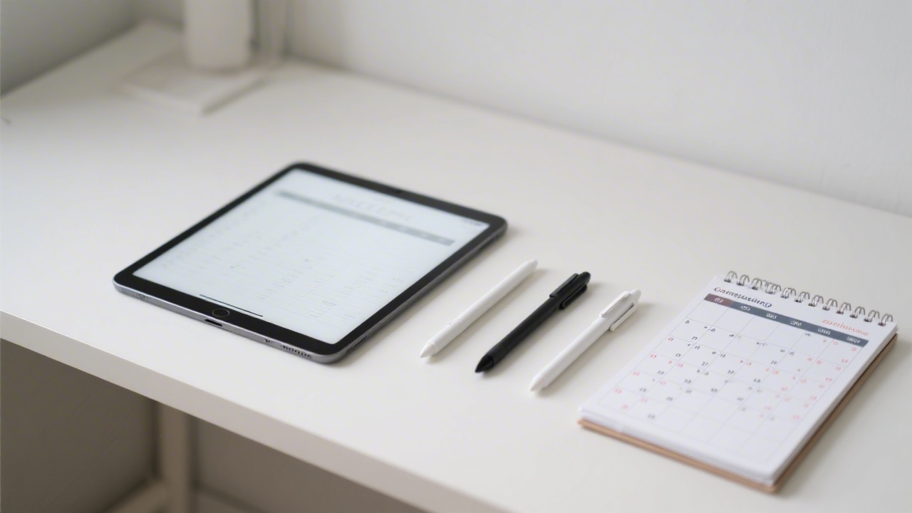 Minimal workspace with a tablet, calendar planner, and pens laid out neatly, demonstrating the simple tools used for consistent marketing execution.