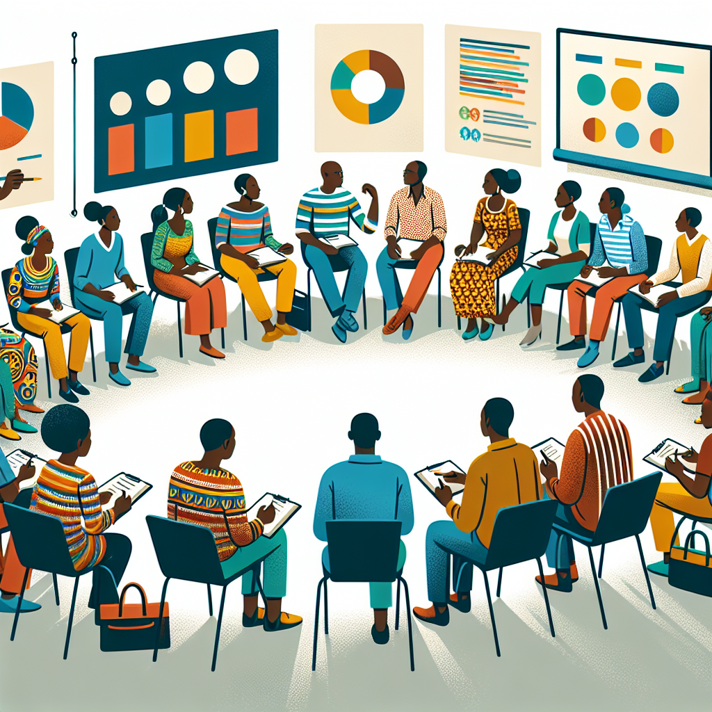 Illustration of collaborative workshop featuring diverse Ghanaian adults seated in a semi-circle, taking notes during a financial habits discussion facilitated with supportive visuals and calm energy.