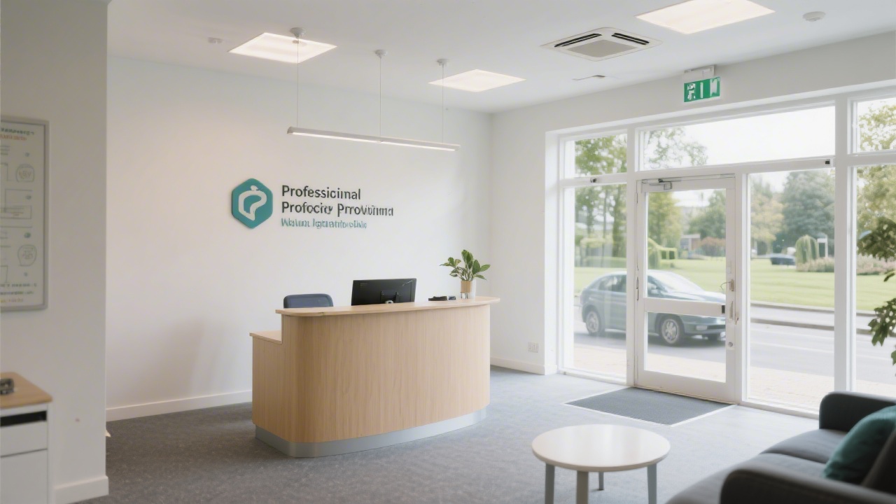 Reception area with clean design, natural light, and a small desk, representing a professional education provider in Dublin.