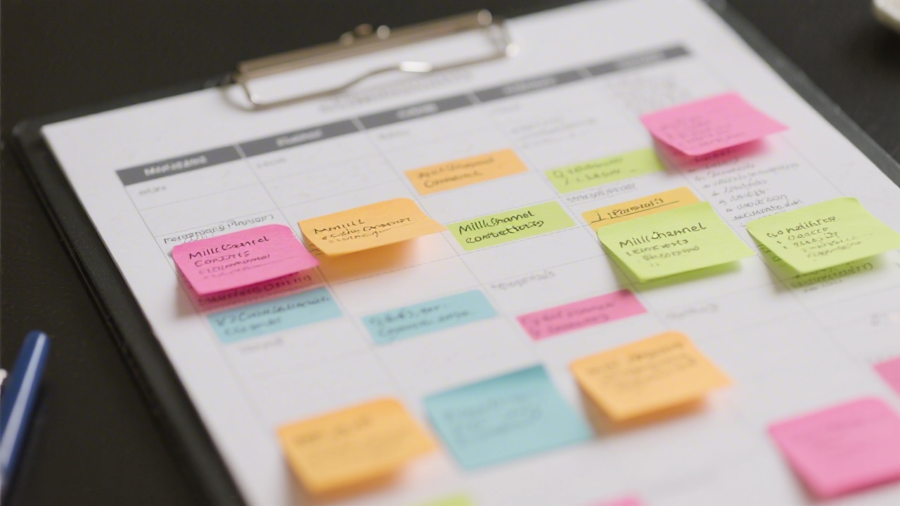 Close-up of a marketing planner with sticky notes and color-coded tasks, representing structured program planning for multi-channel content and audience growth.