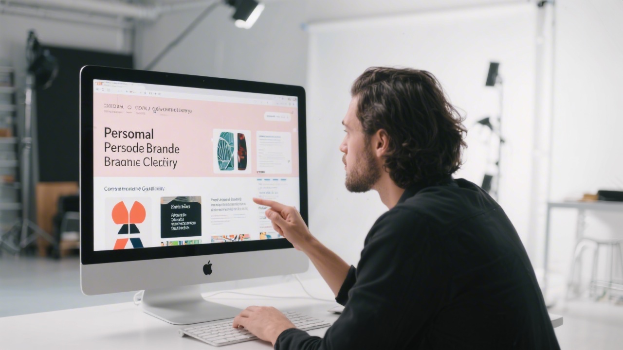 Entrepreneur reviewing brand visuals and copy guidelines on a desktop screen in a clean studio space, indicating a course focused on personal brand clarity.