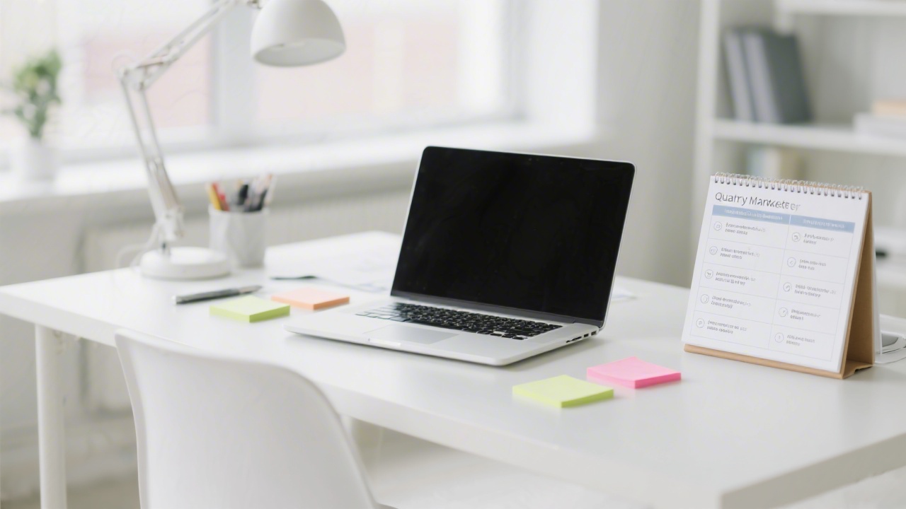Bright contemporary workspace with laptop, notes, and a planner showing quarterly marketing goals, reflecting the structured learning environment for ambitious entrepreneurs building digital strategies.