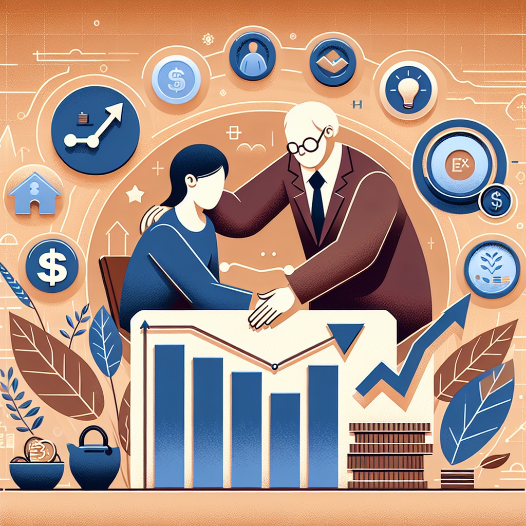 Stylised illustration depicting a supportive mentor guiding a participant through progress charts, surrounded by icons for budgeting, savings, and personal growth to represent the Upliftthrive facilitation ethos.