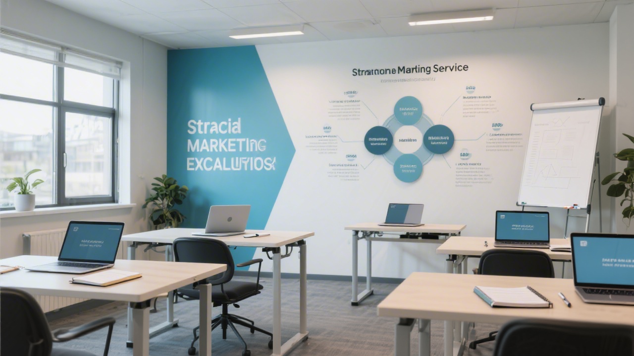 Modern training room with a strategy wall, laptops on tables, and notebooks, reflecting an educational service focused on practical marketing execution.