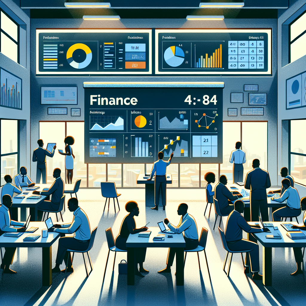 Stylised scene illustrating a finance workshop with digital dashboards, facilitators, and participants collaborating around modern tables inside an airy Ghanaian learning space.